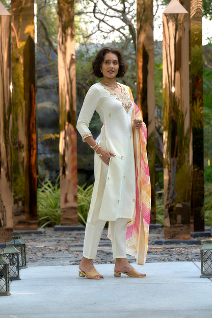 Cream Vatican Kurta Set with Embroidered Neckline & Chanderi Butti Dupatta