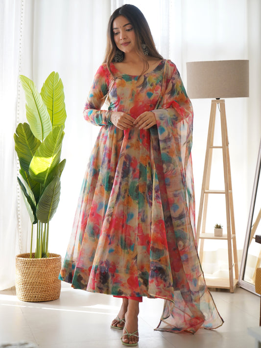 Multicolor Digital Print Organza Silk Red Kurta Set By Stylish Ethnic