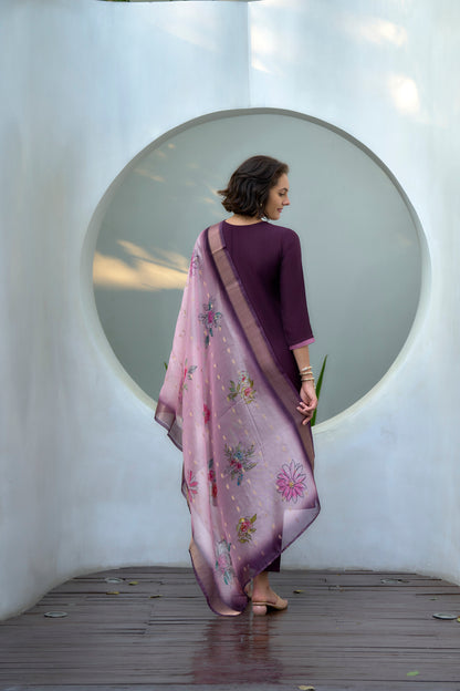 Purple Vatican Kurta Set with Embroidered Neckline & Organza Butti Dupatta
