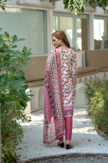 White & Pink Cotton Printed Kurta Set with Embroidered Neckline & Linen Dupatta
