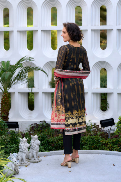 Elegant Black Silk Blend Kurta Set with Embroidered Neckline & Dupatta