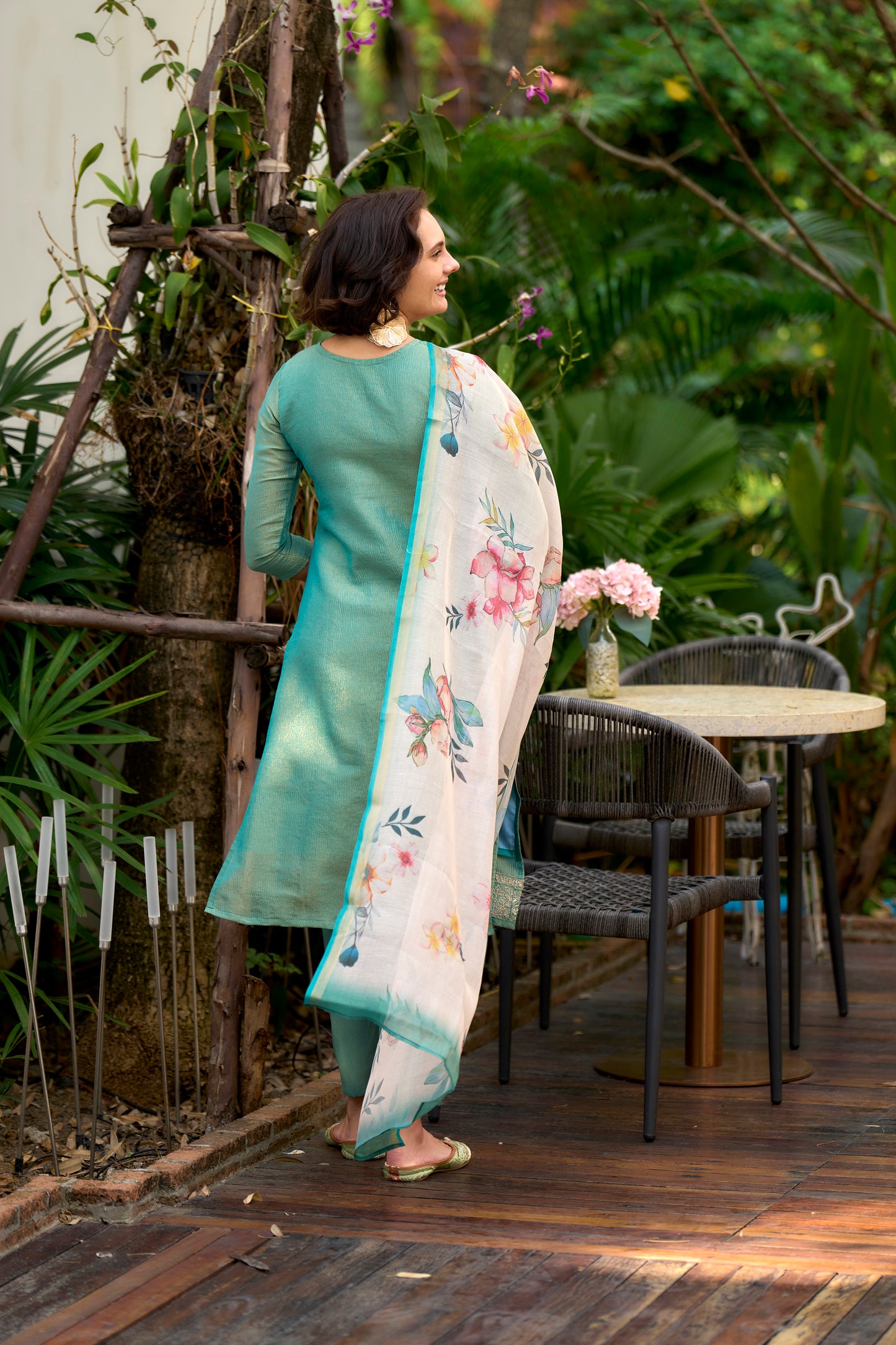 Bottle Green Tissue Kurta Set with Embroidered Neckline & Matching Dupatta