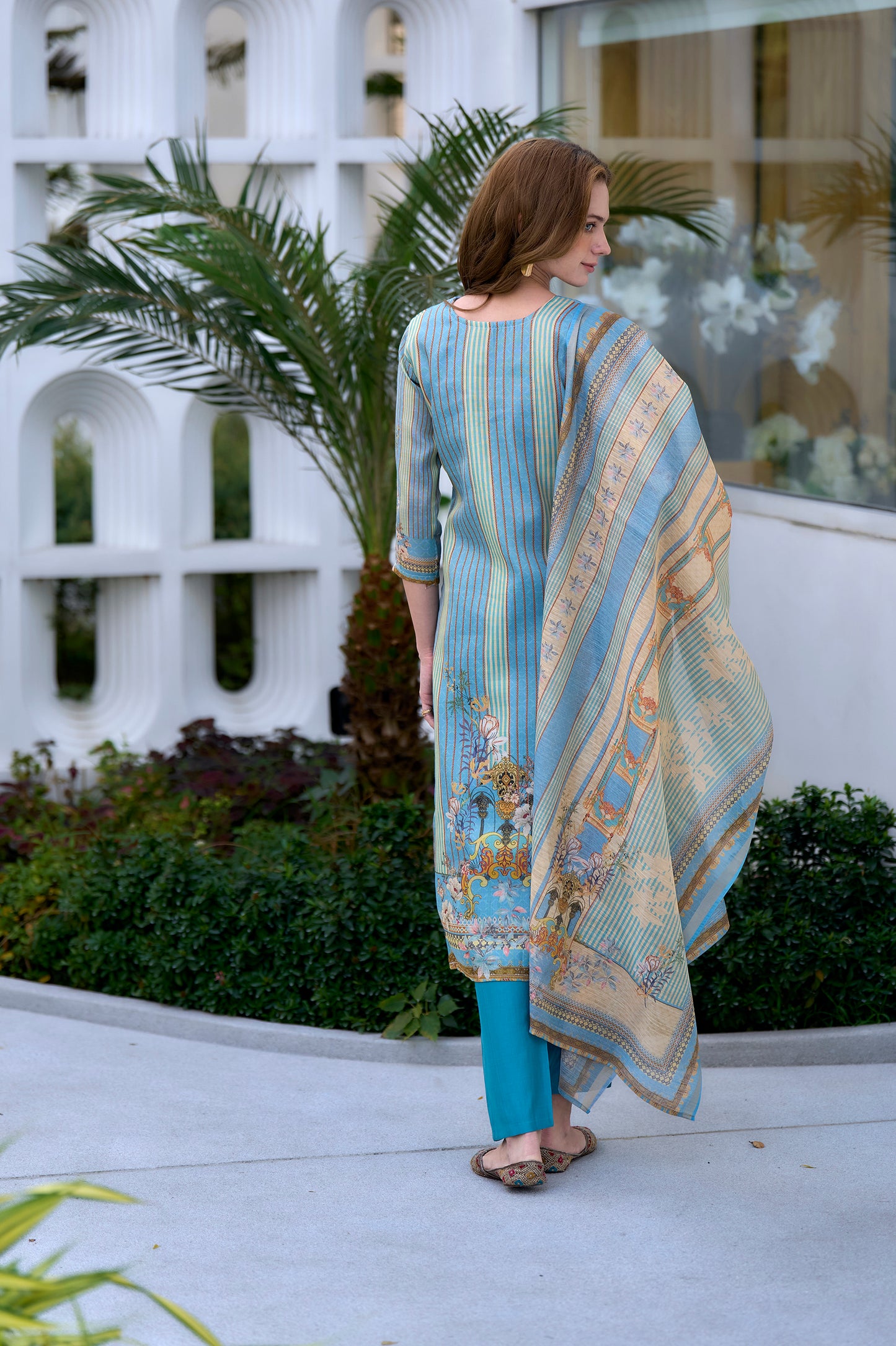 Graceful Sky Blue Silk Blend Kurta Set with Embroidered Neckline & Dupatta