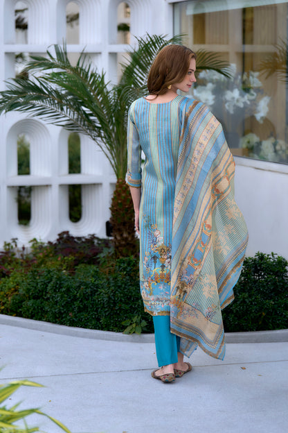 Graceful Sky Blue Silk Blend Kurta Set with Embroidered Neckline & Dupatta