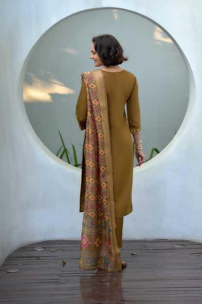 Brown Vatican Kurta Set with Embroidered Neckline & Chanderi Butti Dupatta