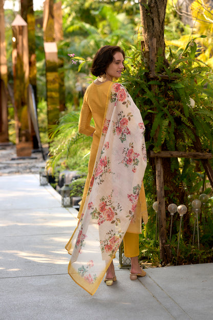 Yellow Tissue Kurta Set with Embroidered Neckline & Coordinated Dupatta