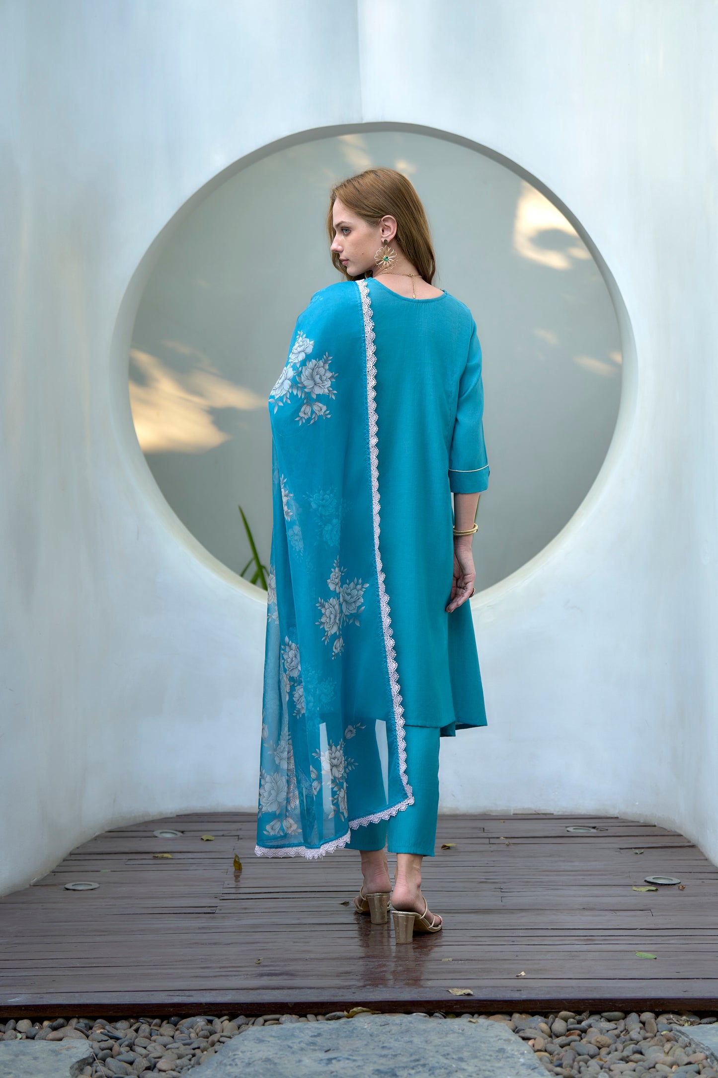 Sky Blue Vatican Kurta Set with Embroidered Neckline and Organza Dupatta