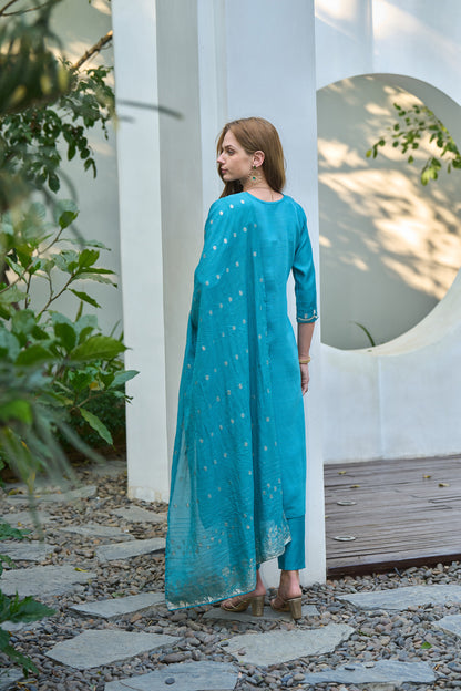 Blue Vatican Kurta Set with Embroidered Neckline & Chanderi Jacquard Dupatta