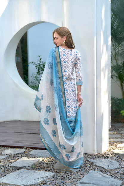 White Cotton Printed Kurta Set with Embroidered Neck & Linen Dupatta