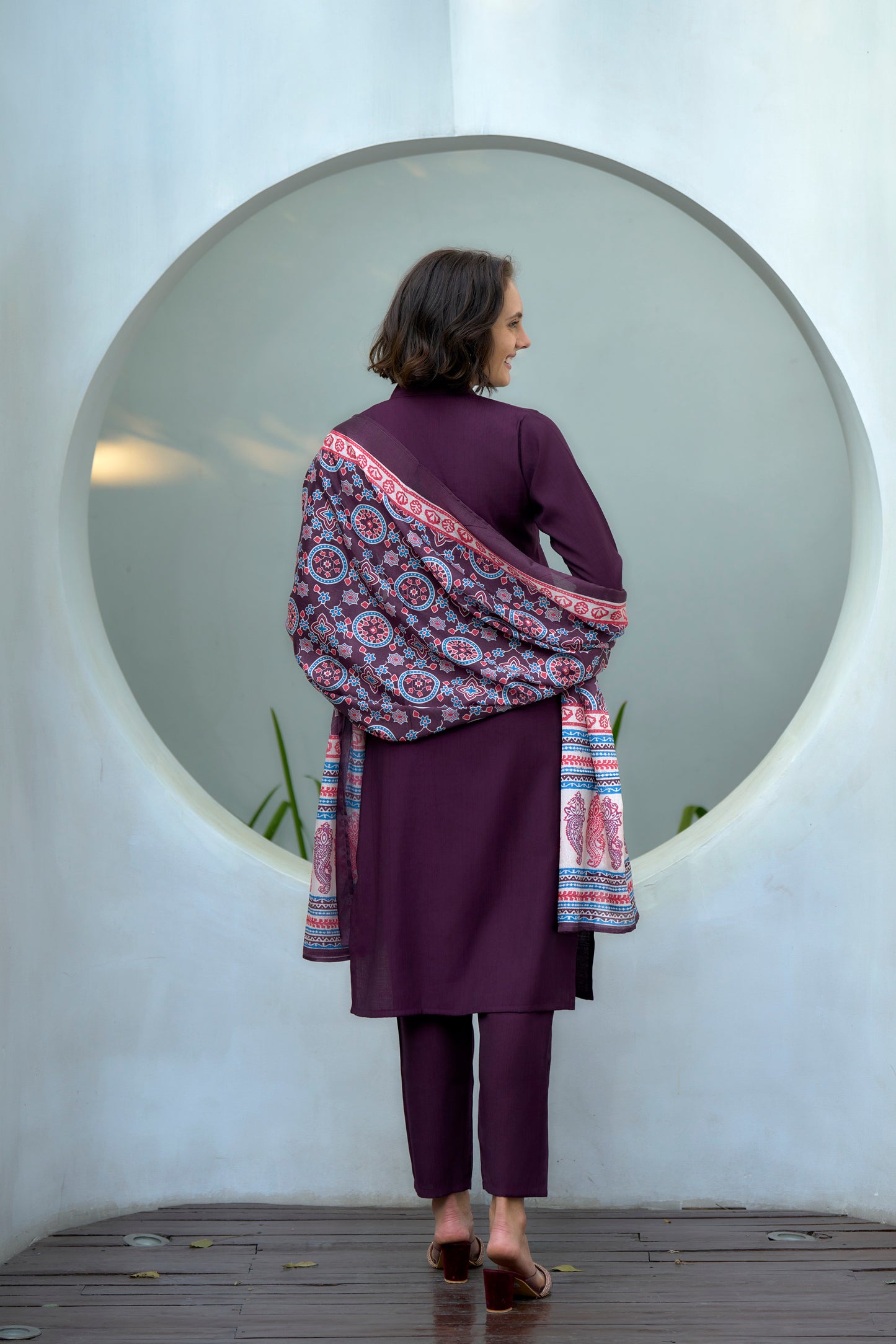 Wine Vatican Kurta Set with Embroidered Neckline and Chinnon Dupatta