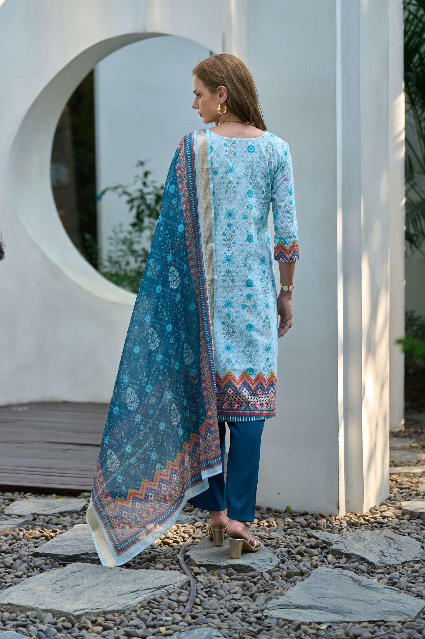Sky Blue Cotton Printed Kurta Set with Embroidered Neckline & Linen Dupatta