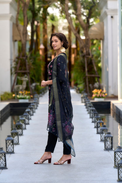 Navy Blue Embroidered Rayon Kurta Set with Organza Butti Dupatta