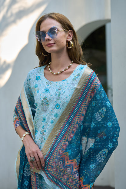 Sky Blue Cotton Printed Kurta Set with Embroidered Neckline & Linen Dupatta