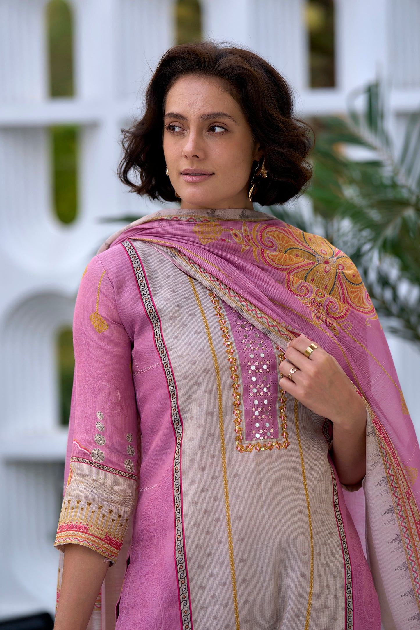 Elegant Pink Silk Blend Kurta Set with Embroidered Neckline & Dupatta