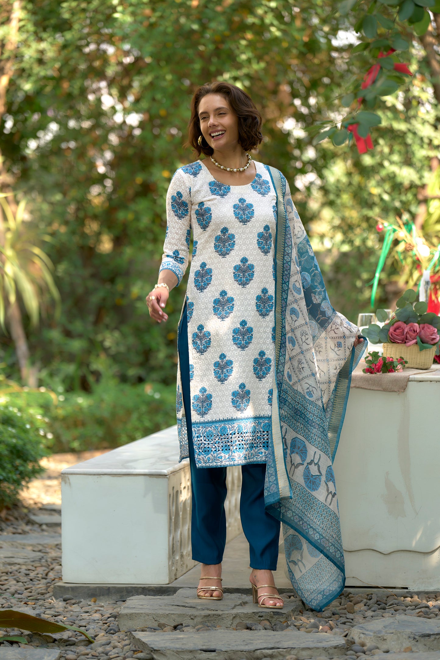 White Cotton Printed Kurta Set with Embroidered Neckline & Linen Dupatta