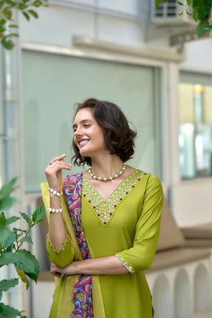 Lime Green Vatican Kurta Set with Embroidered Neckline & Chanderi Butti Dupatta