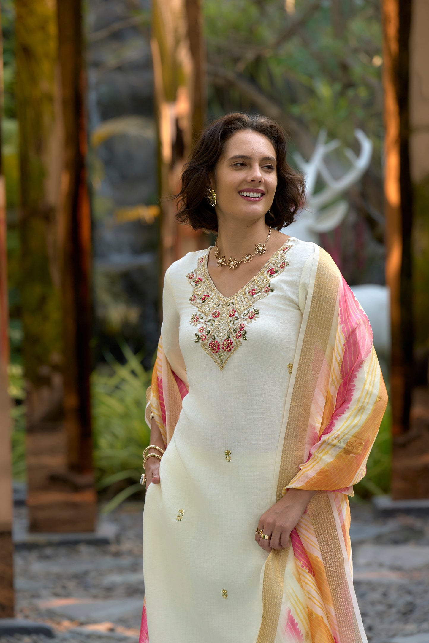 Cream Vatican Kurta Set with Embroidered Neckline & Chanderi Butti Dupatta