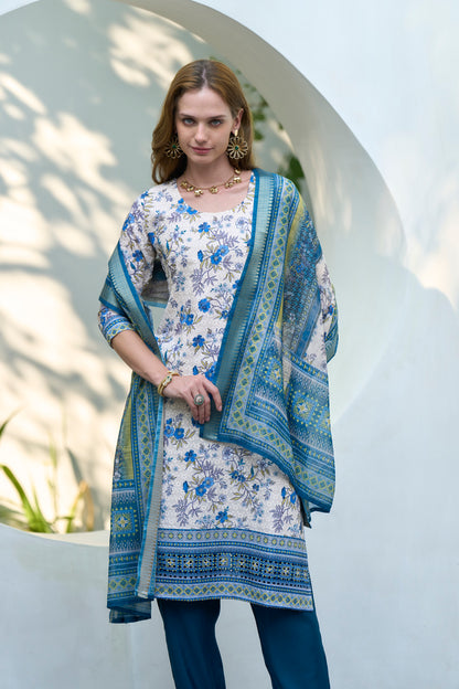 White & Blue Printed Cotton Kurta Set with Embroidered Neckline and Linen Dupatta