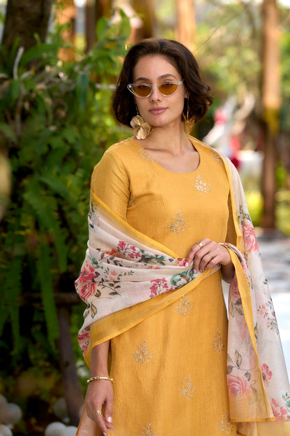 Yellow Tissue Kurta Set with Embroidered Neckline & Coordinated Dupatta