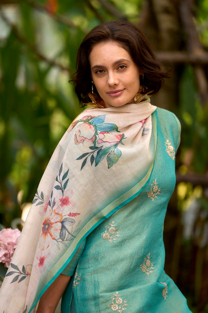 Bottle Green Tissue Kurta Set with Embroidered Neckline & Matching Dupatta