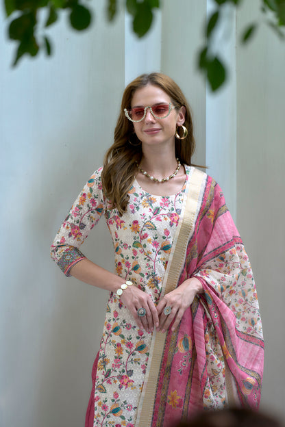 White & Pink Printed Cotton Kurta Set with Embroidered Neckline and Linen Dupatta