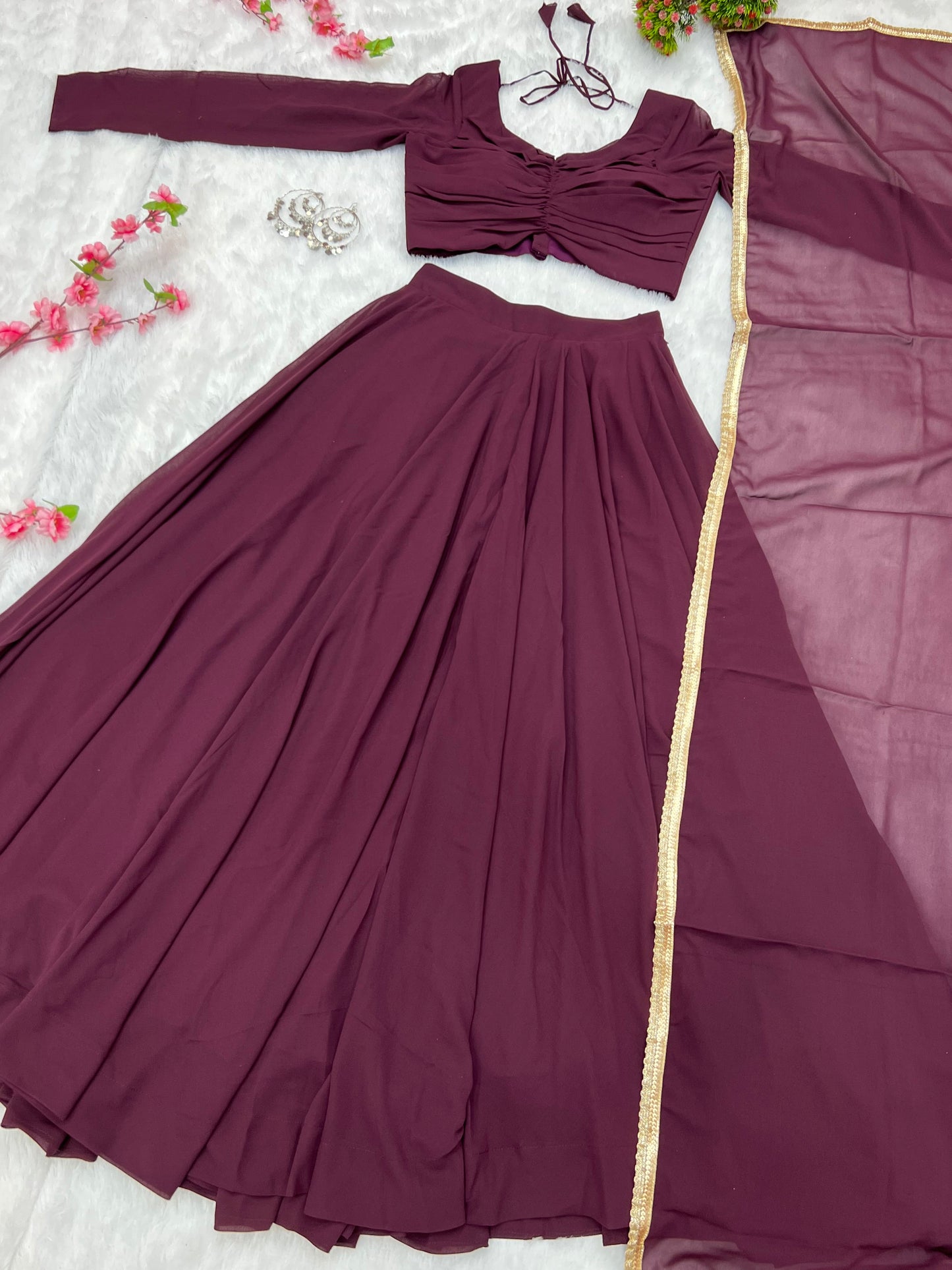 Plain Wine Colour Fox Georgette Circular Stitched Lehenga Choli By Stylish Ethnic