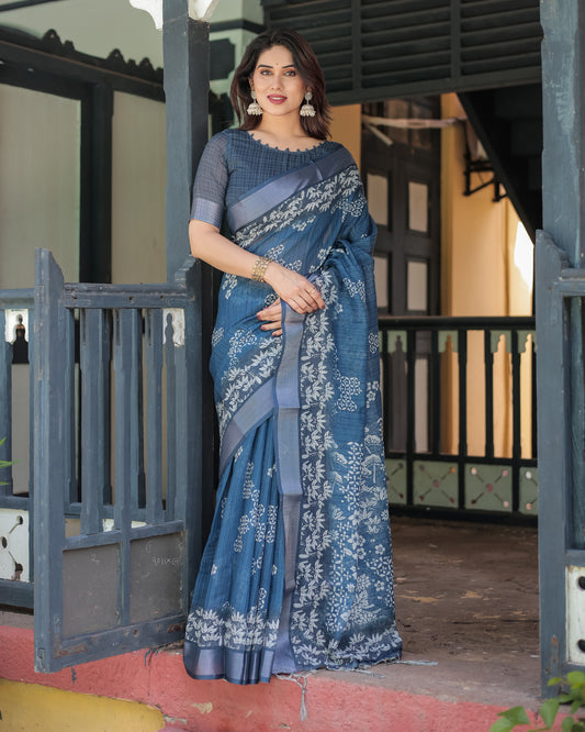 Deep Blue Soft Linen Cotten With White Floral Prints Saree