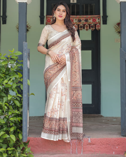 Soothing Beige With A Warm Earthy-toned Soft Linen Cotten Saree