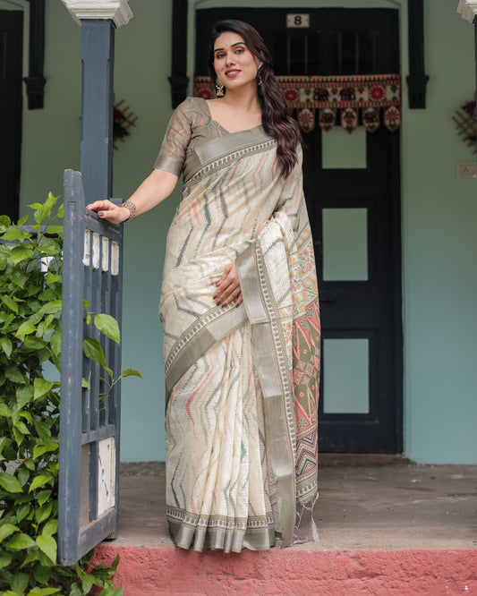 Soft Pastel Green & Beige With Intricate Tribal And Geometric Patterns Linen Cotten Saree