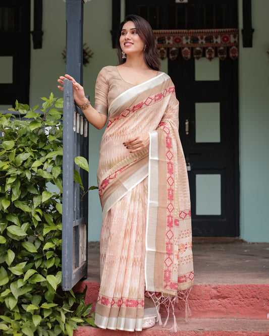 Beige With Soft Peach And Pink Accents Linen Cotten Saree