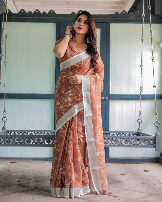 Pure Brown Linen Saree with Tassels
