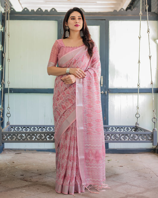 Pure Pink Linen Saree with Tassels