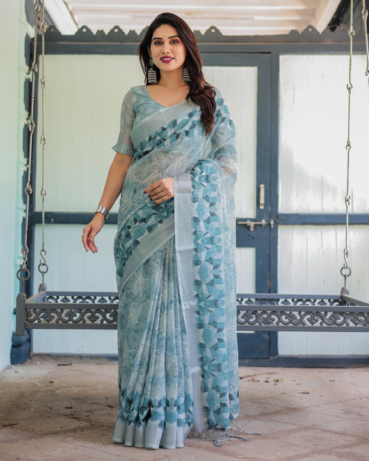 Pure Pastel Blue Linen With A Geometric Print & Delicate Floral Embroidery Saree