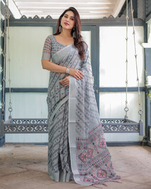 Soft Grey With Multi-color Ikat Print Saree
