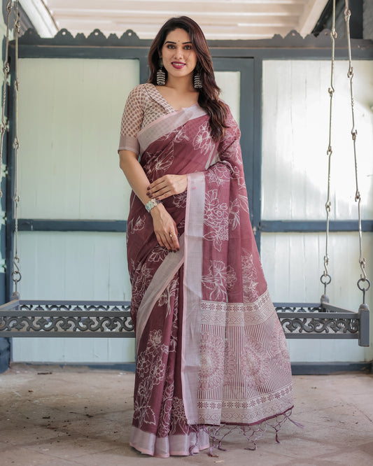 Rich Maroon Soft Linen With  White Floral Print Comfortable Saree