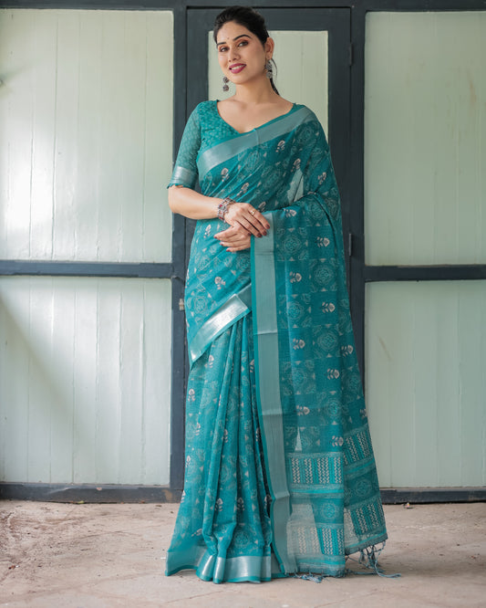 Mesmerizing Teal Blue With Classic Bandhani Prints Linen Cotten Saree