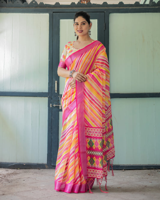Bright Pink, Yellow & Orange With Artistic Hand-painted Linen Cotten Saree