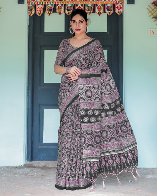 Rich Black Base With Pink & White Ajrakh Prints Linen Cotten Saree