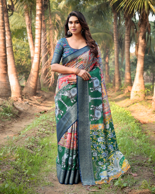 Pure Silk Saree in Green With Beautiful Print and Weaving Border With Blouse