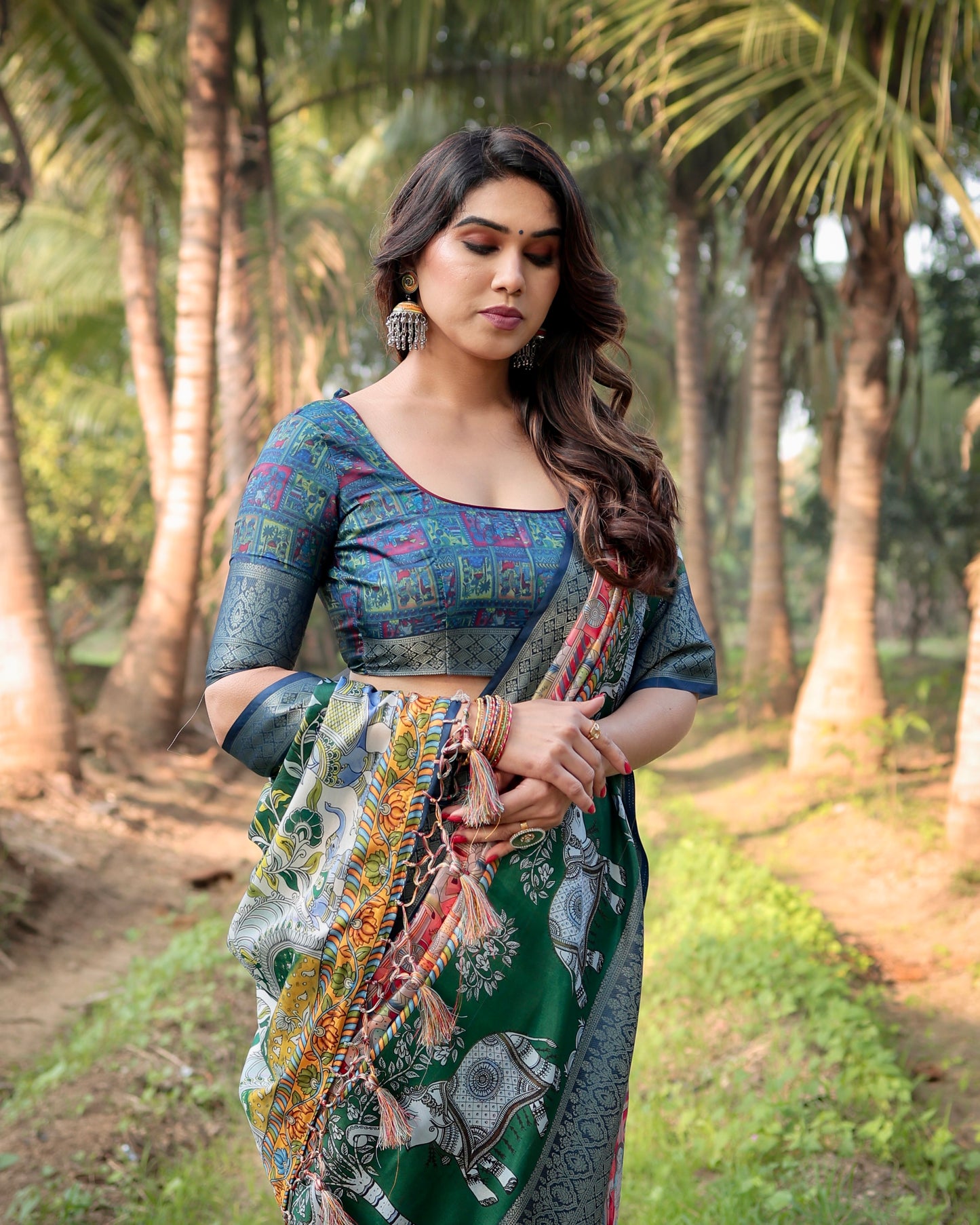 Pure Silk Saree in Green With Beautiful Print and Weaving Border With Blouse
