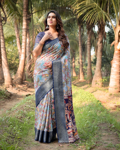 Sky Blue Pure Silk Saree With Digital Printed Work