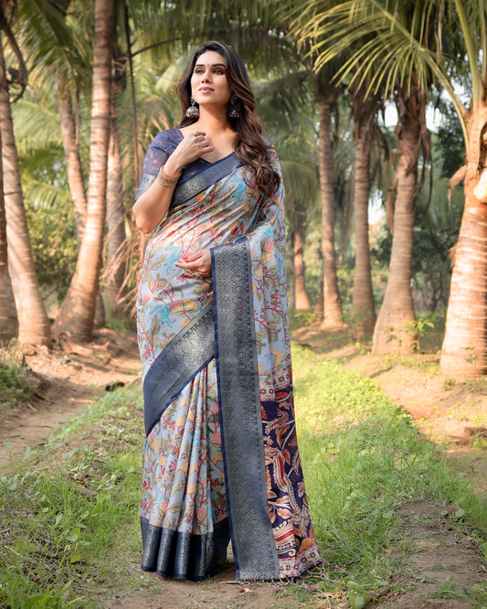Sky Blue Pure Silk Saree With Digital Printed Work