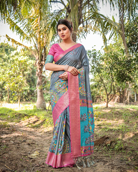 Steel Grey Silk Saree With Digital Printed Work