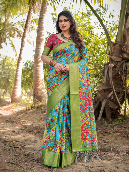 Multi Design Printed Silk Saree With Blouse For Formal Occasion