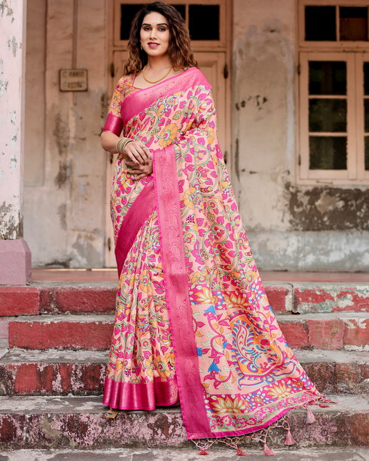 Elegant Printed Silk Peach Color Saree
