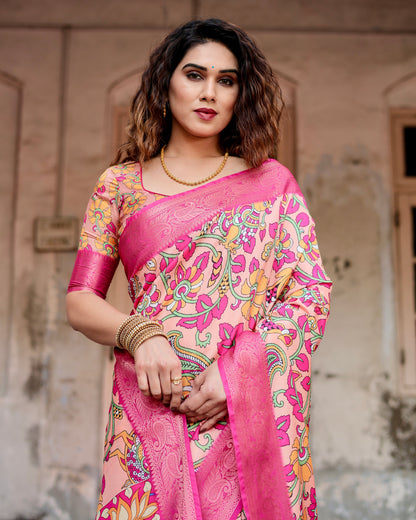 Elegant Printed Silk Peach Color Saree