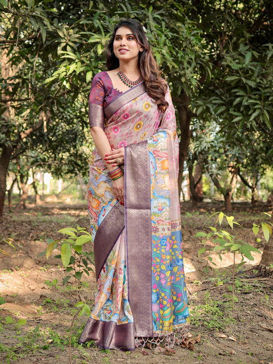 Attractive Multi Color Printed Silk Saree With Blouse for Wedding