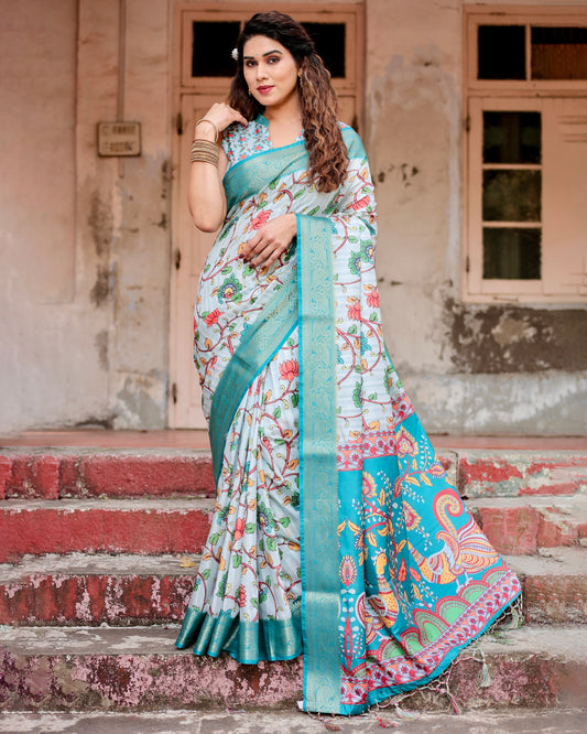 Pure Dola Silk Digitally Printed Saree with Golden Zari and Tassels