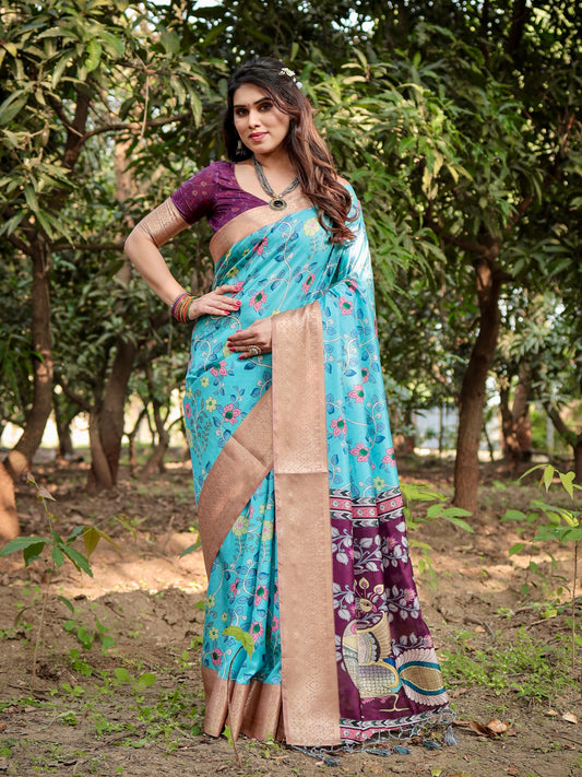 Pure Silk Digitally Printed Saree Weaved With Golden Zari Comes With Tassel