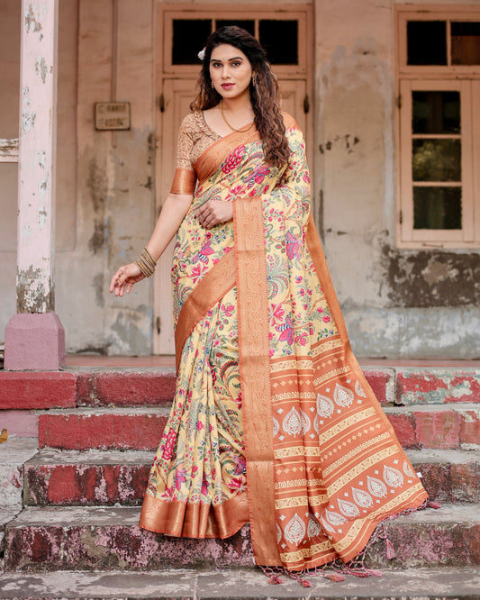 Cream Beige Printed Silk Light Weight Saree